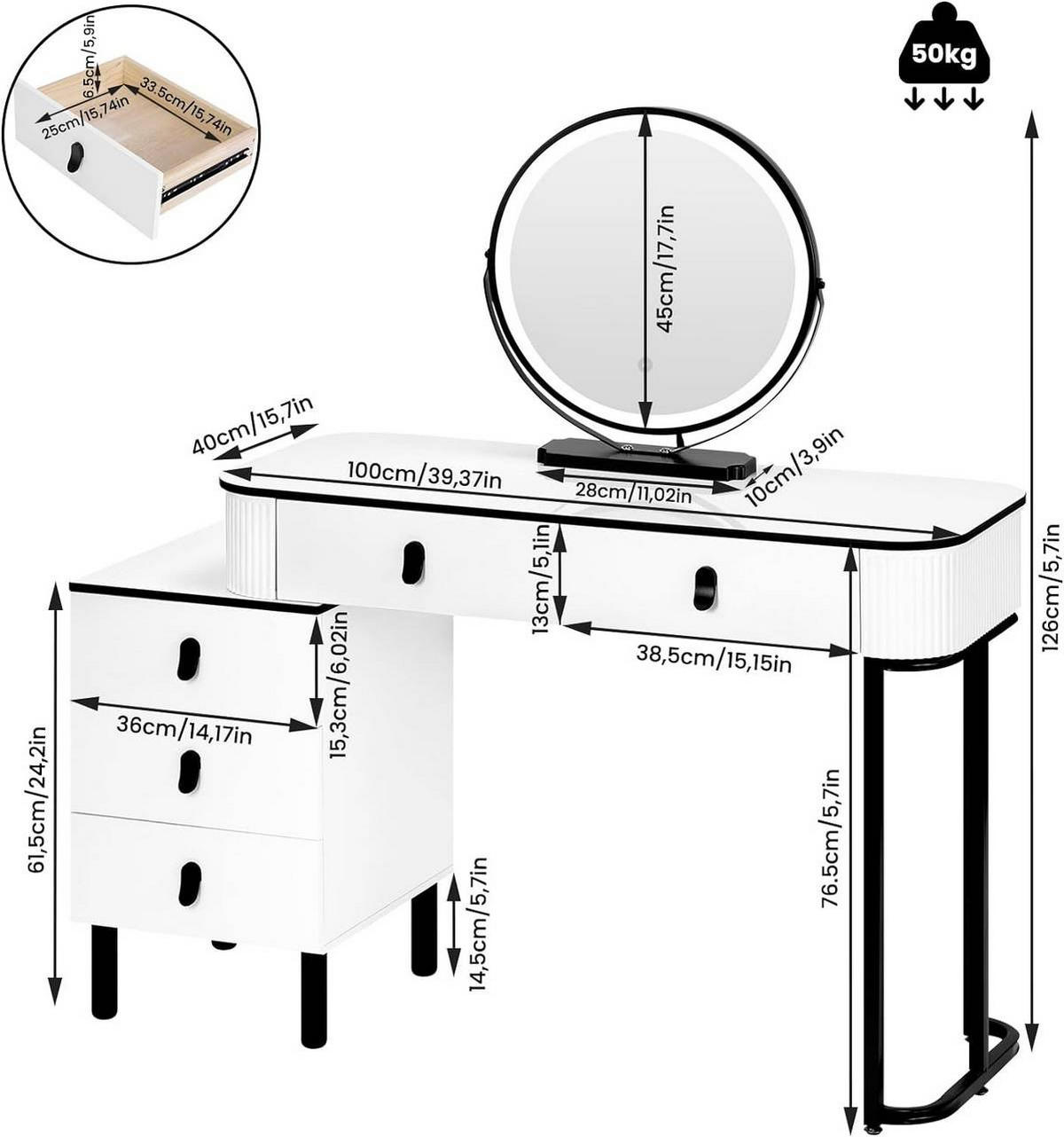 SCHMINKTISCH mit LED, Spiegel, 5 Schubladen, Seitenschrank, Weiß - Schwarz/Weiß, Holzwerkstoff/Metall (100/126/40cm) - Woltu
