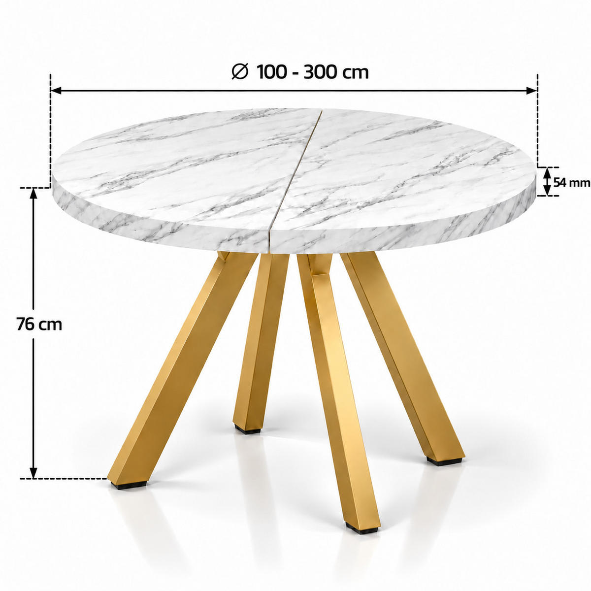 ESSTISCH rund ausziehbar 100/300/76 cm, Marmor, 54 cm Tischplatte + Y Metallgestell Gold - Goldfarben/Hellgrau, Holzwerkstoff/Metall (100/300/76cm) - Damale Möbel