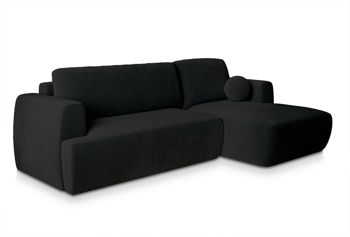 ECKSOFA SENTI K R-S Schwarz Plüsch-Stoff mit Schlaffunktion - Schwarz, Holz (246/148cm) - MASSENO