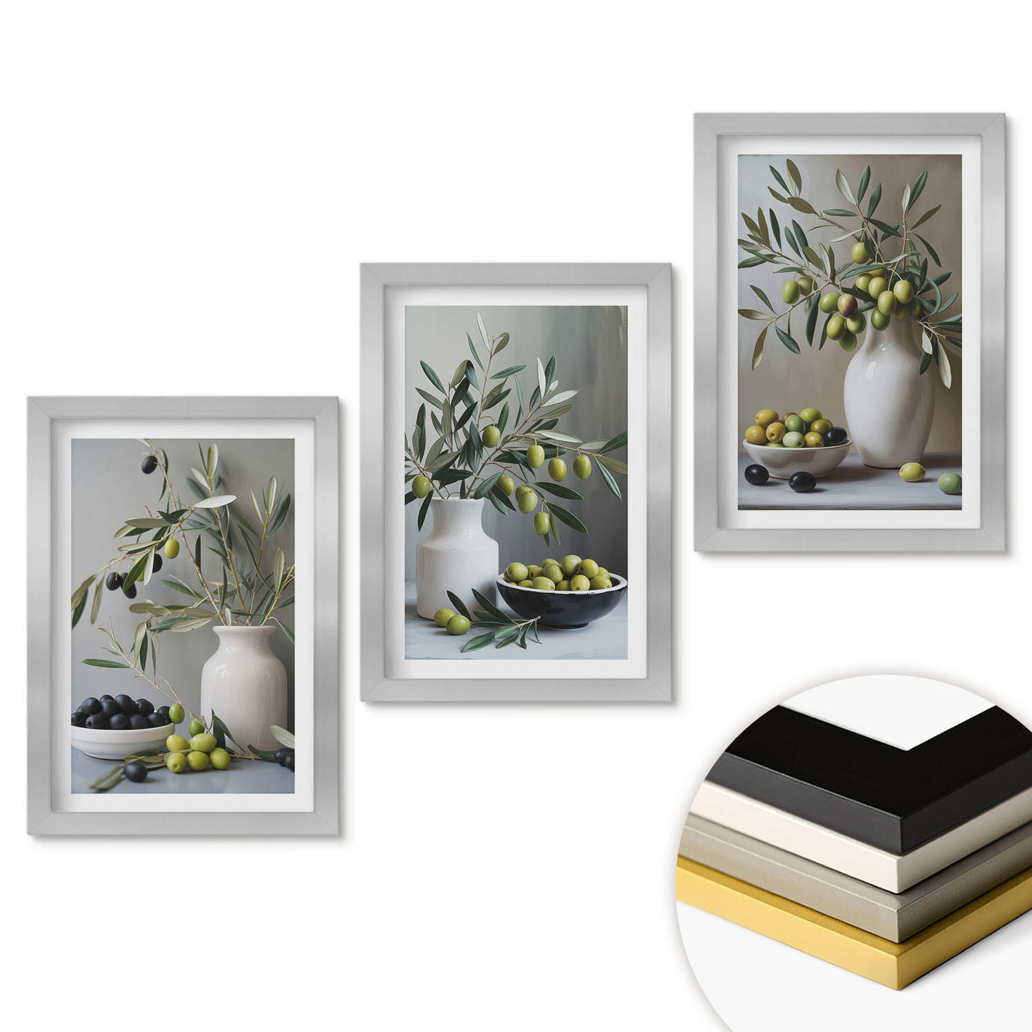 WANDBILDER 3er Set - 20x30 cm Silberner Rahmen - Oliven in grauen Vasen - Silberfarben, Kunststoff (20/30cm) - ArtPrintCave