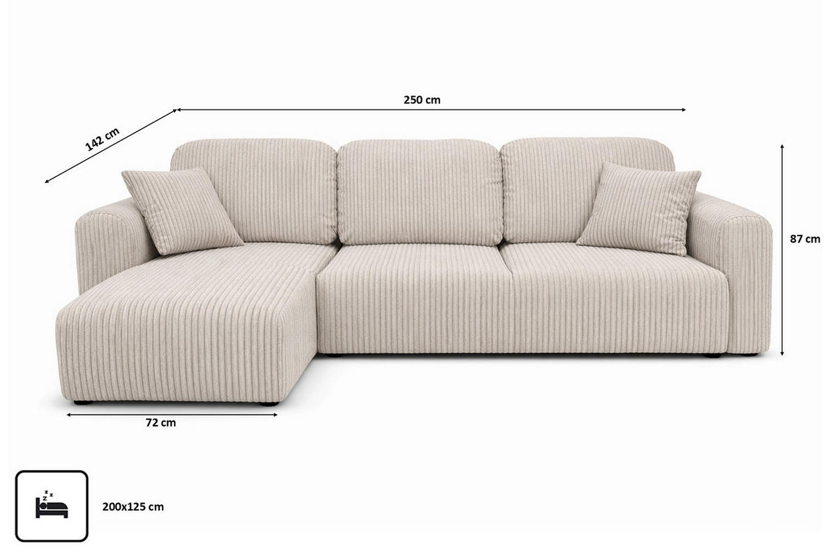 ECKSOFA Mit Schlaffunktion Und Bettkasten, Sofa L-Form Bingo L, Cordstoff Poso, Beige, Links - Beige, Holz (250/142cm) - Kaiser Möbel