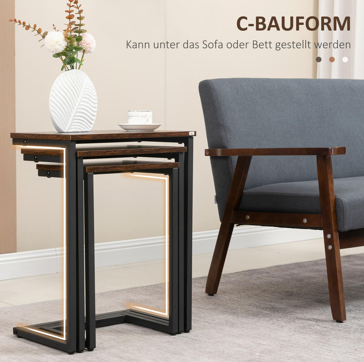 BEISTELLTISCH 45/60/30 cm Braun aus Holz mit Stahlgestell 3er Set - Braun, Holzwerkstoff (45/30/60cm) - OKMYHOME