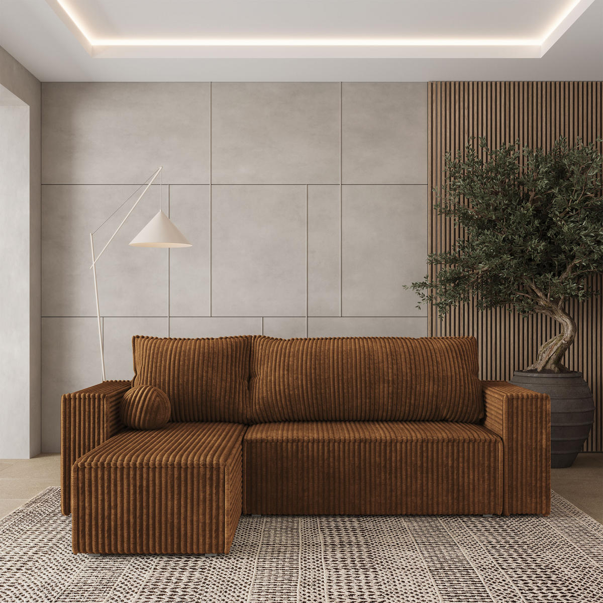 ECKSOFA RAVELO T Kupferfarben Kordstoff mit Schlaffunktion - Grau/Kupferfarben, Holz/Kunststoff (240/140cm) - MASSENO