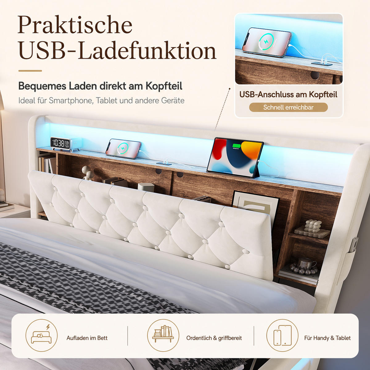 BOXBETT 180/200 mit LED/USB, Kopfteil-Regal & Hydraulik, Samt, Beige - Beige, Holz (180/200cm) - LVHOM
