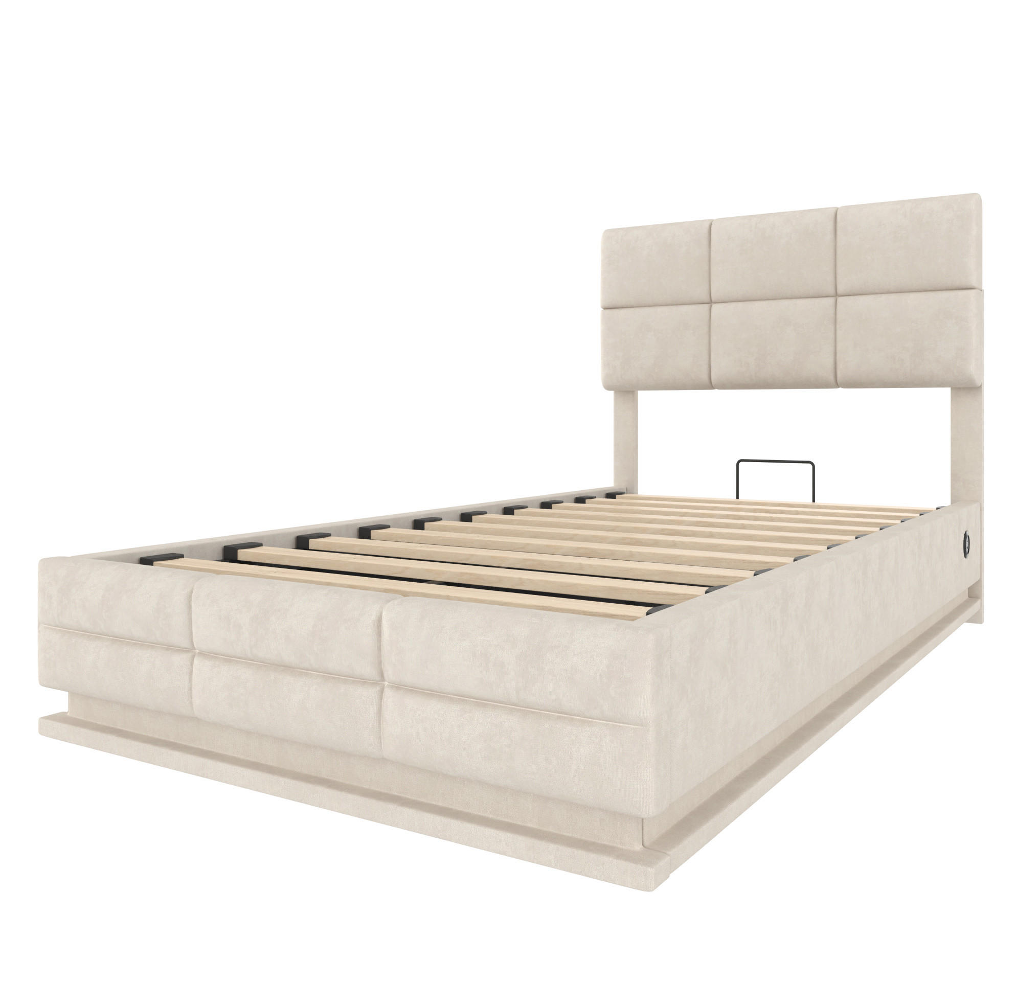 POLSTERBETT 90/200 cm mit LED-Beleuchtung, USB-Anschlüssen, hydraulischem Stauraum und verstellbarem Kopfteil, Beige - Beige, Textil (90/200cm) - Redom