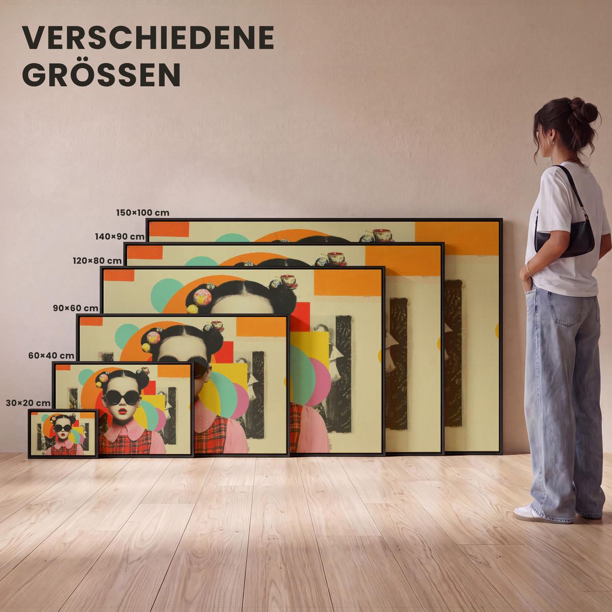 LEINWAND Bilder mit Rahmen - Mädchen - Sonnenbrille - Katze - Retro - 120x80 - Beige, Textil (120/80cm) - MuchoWow
