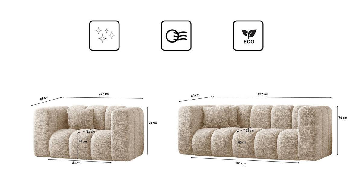 COUCHGARNITUR 2+1+1 Serie Grand Stilvol Stoff Haga Ecru - Ecru, Holz (197/70/91cm) - Kaiser Möbel