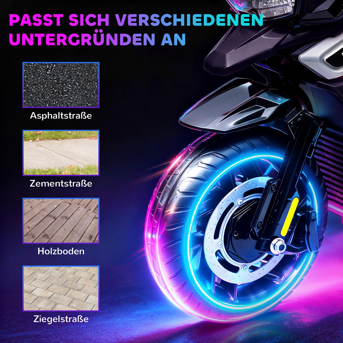 ELEKTRO-MOTORRAD DE-06206 mit Hilfsrädern, Lichtern und Musik Schwarz - Schwarz, Kunststoff/Metall (85.5/44.5/56cm) - ComfortXL