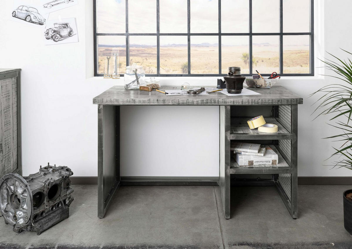 SCHREIBTISCH Mango 122x52x76 grau lackiert HEAVY INDUSTRY #157 - Grau, Holz (52/122/76cm) - Massivmoebel24