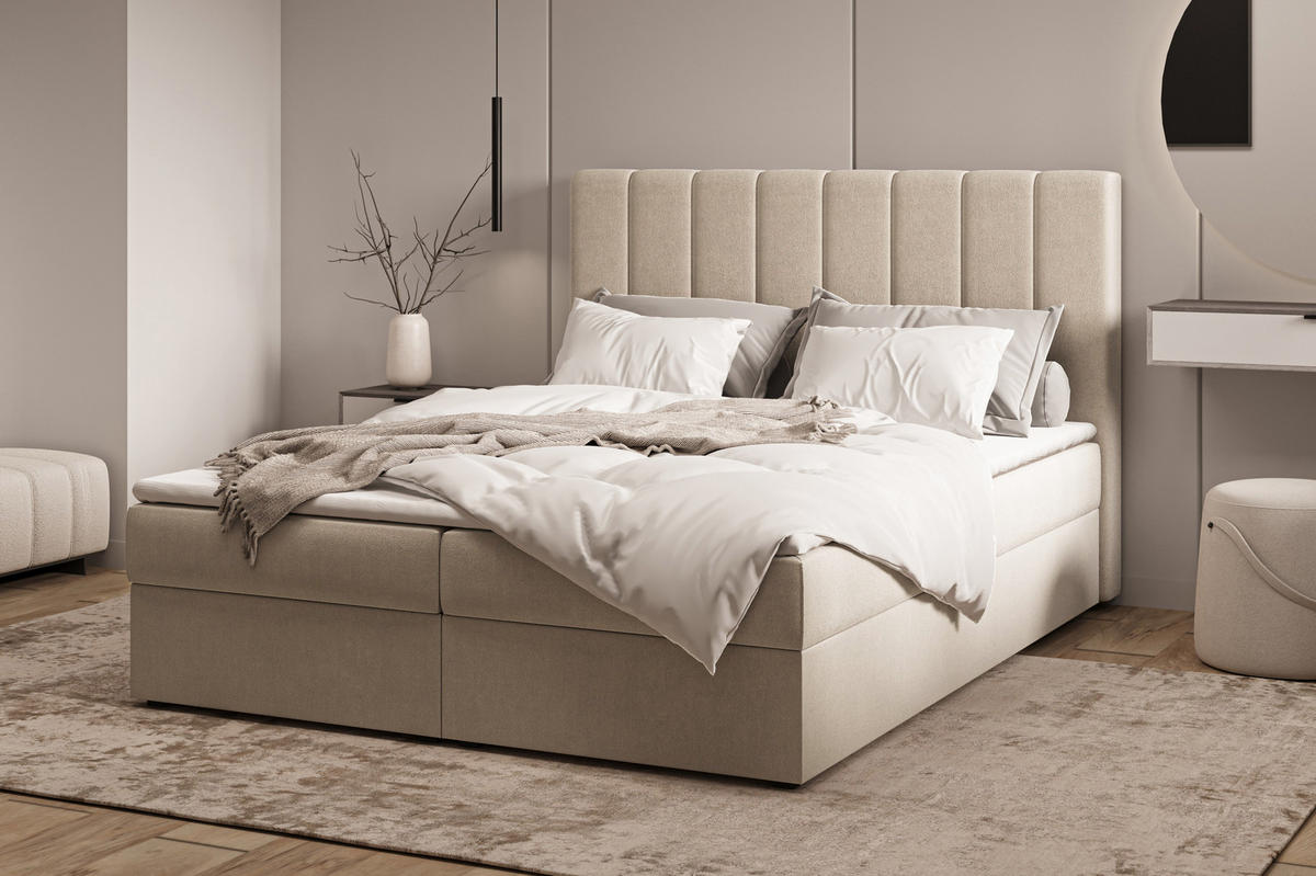 BOXBETT 01 140 x 200 cm - Manila – Stilvoll und bequem Mit Bettkasten, PU-Topper, Federmechanismus, waschbarer Bezug - Beige, Holz (140/200cm) - ROYAL24_MARKT