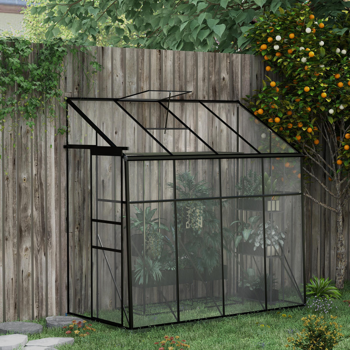 ANLEHNGEWÄCHSHAUS DE-11979 mit Polycarbonat, Schiebetür und Dachlüftung Schwarz - Schwarz, Kunststoff (253/240/127cm) - ComfortXL