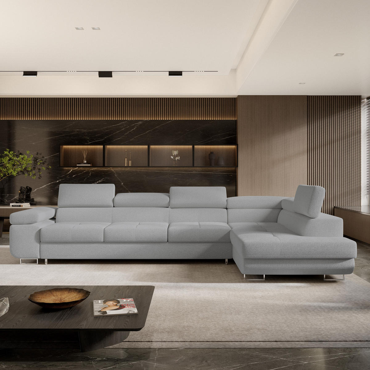 ECKSOFA VICENTE Hellgrau Boucle-Stoff mit Schlaffunktion - Hellgrau, Holz (346/202cm) - MASSENO