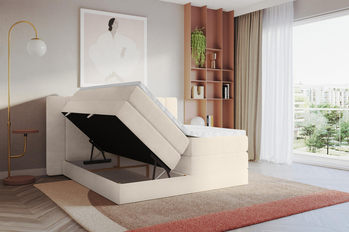 BOXSPRINGBETT mit Matratze H3/H4 - EVON KING - 140x200 cm Beige - Champagner, Holzwerkstoff (140/200cm) - ALTDECOR