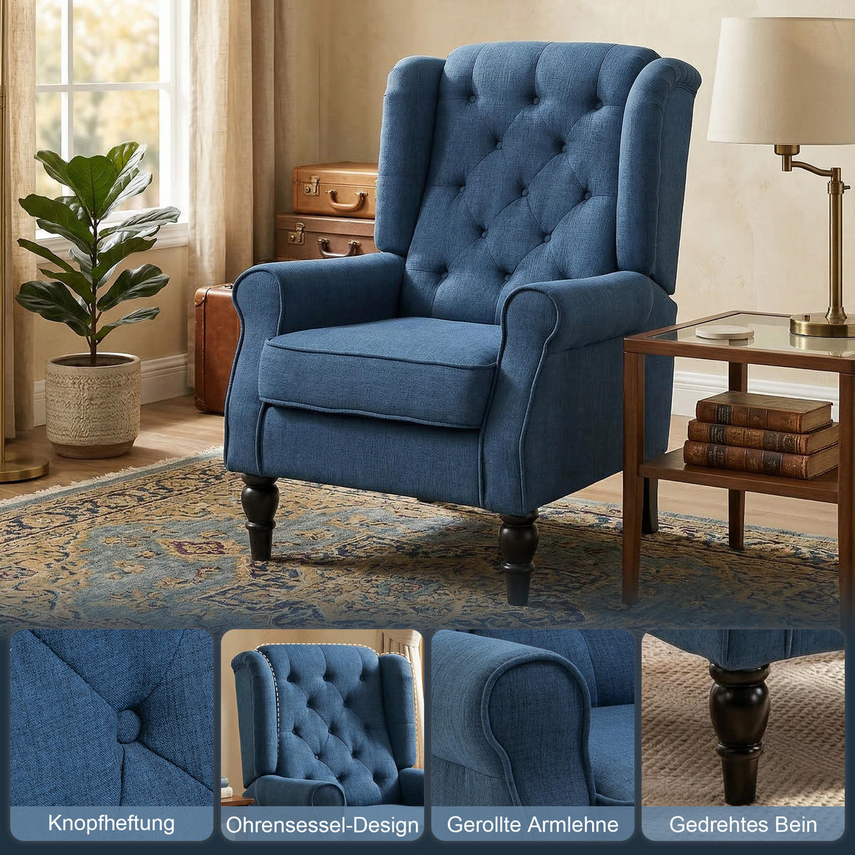 OHRENSESSEL DE-06469 dick gepolstert, abnehmbarer Bezug Blau - Blau, Holz/Textil (86/102/74cm) - ComfortXL
