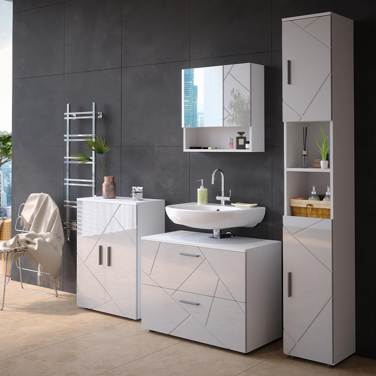 BADMÖBEL-SET Irma Weiß Hochglanz 4 Teile mit Schubladenschrank und Midischrank - Weiß Hochglanz/Weiß, Holzwerkstoff (80/58/41cm) - Vicco