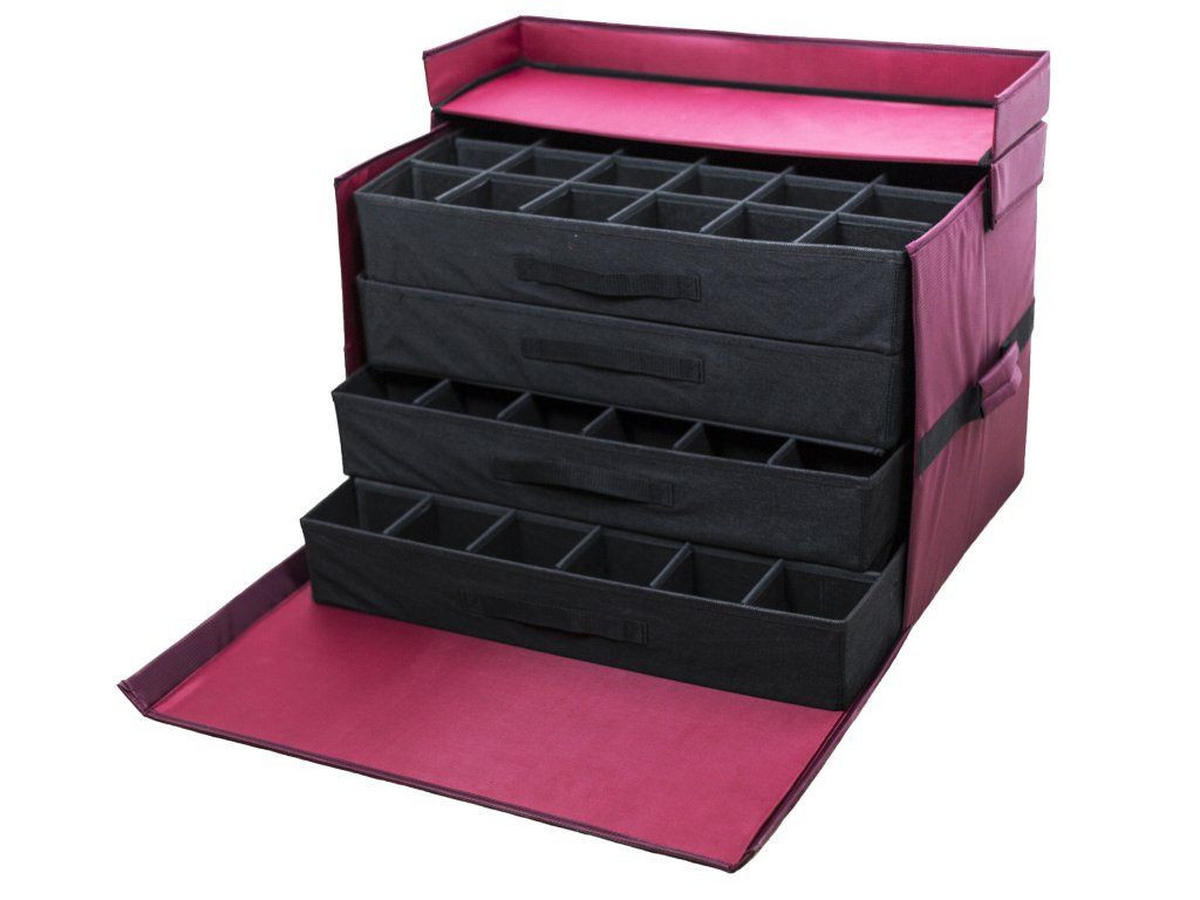 AUFBEWAHRUNGSBOX Premium für Christbaumkugeln, 96 Kugeln, verstellbare Fächer, Stoff - Schwarz/Dunkelrot, Textil/Metall (65/46/44cm) - LAALU