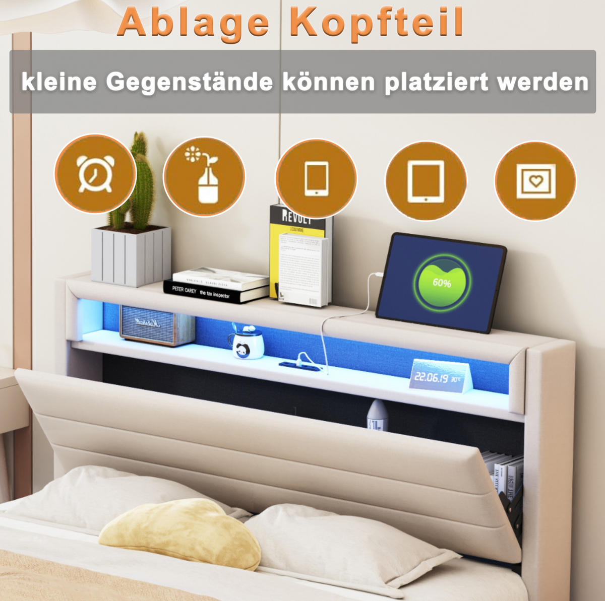 ČALÚNENÁ posteľ z ľanu 160x200 cm béžová s USB, LED osvetlením, hydraulickým úložným priestorom a otočným čelom - béžová, textil (160/200cm) - Modfu