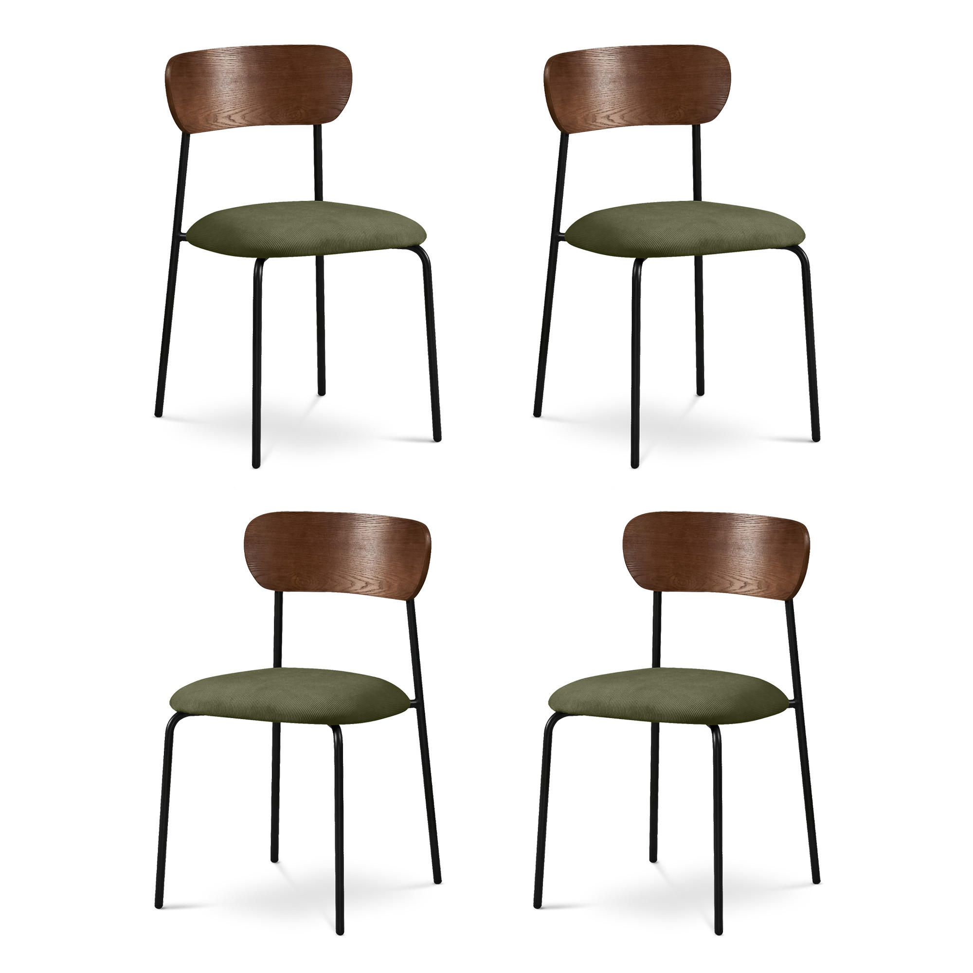 STÜHLE 4er-Set skandinavisch aus khakifarbenem Cord und Eschenfurnier mit schwarzen Metallbeinen – OLIVIA - Schwarz/Grün, Textil/Metall (46/81/50.5cm) - Sicaan