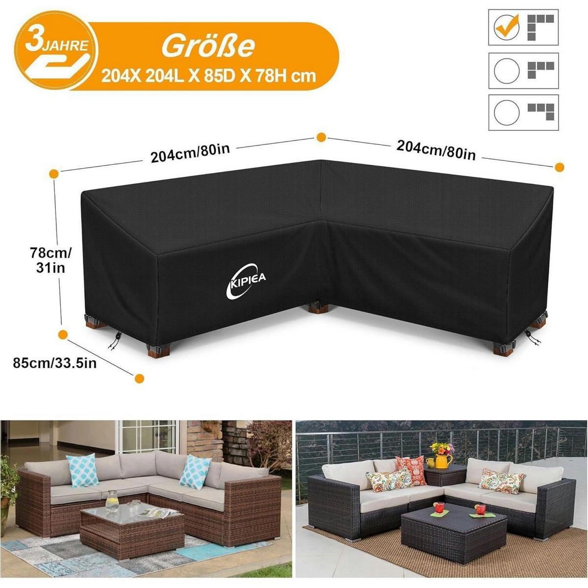 ABDECKUNG Loungemöbel L-Form Wasserdicht 204 x 204 x 85 cm - Schwarz, Kunststoff (204/78/204cm)
