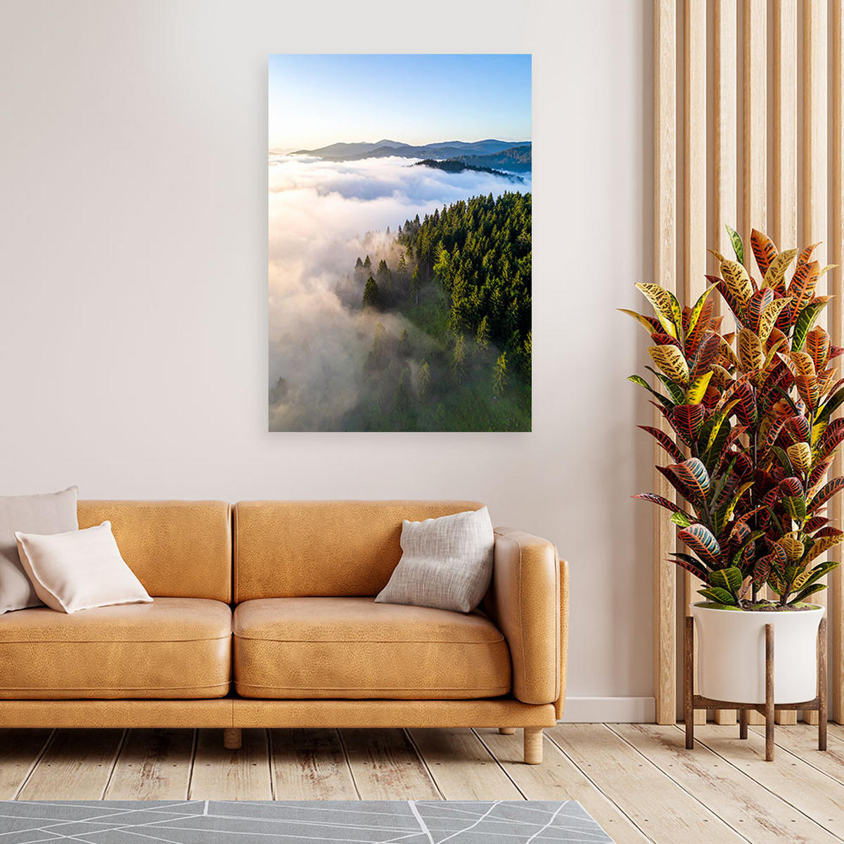 LEINWANDBILD Landschaft Wald Berge im Nebel 70x100cm - Grün, Textil (70/100cm) - Feeby
