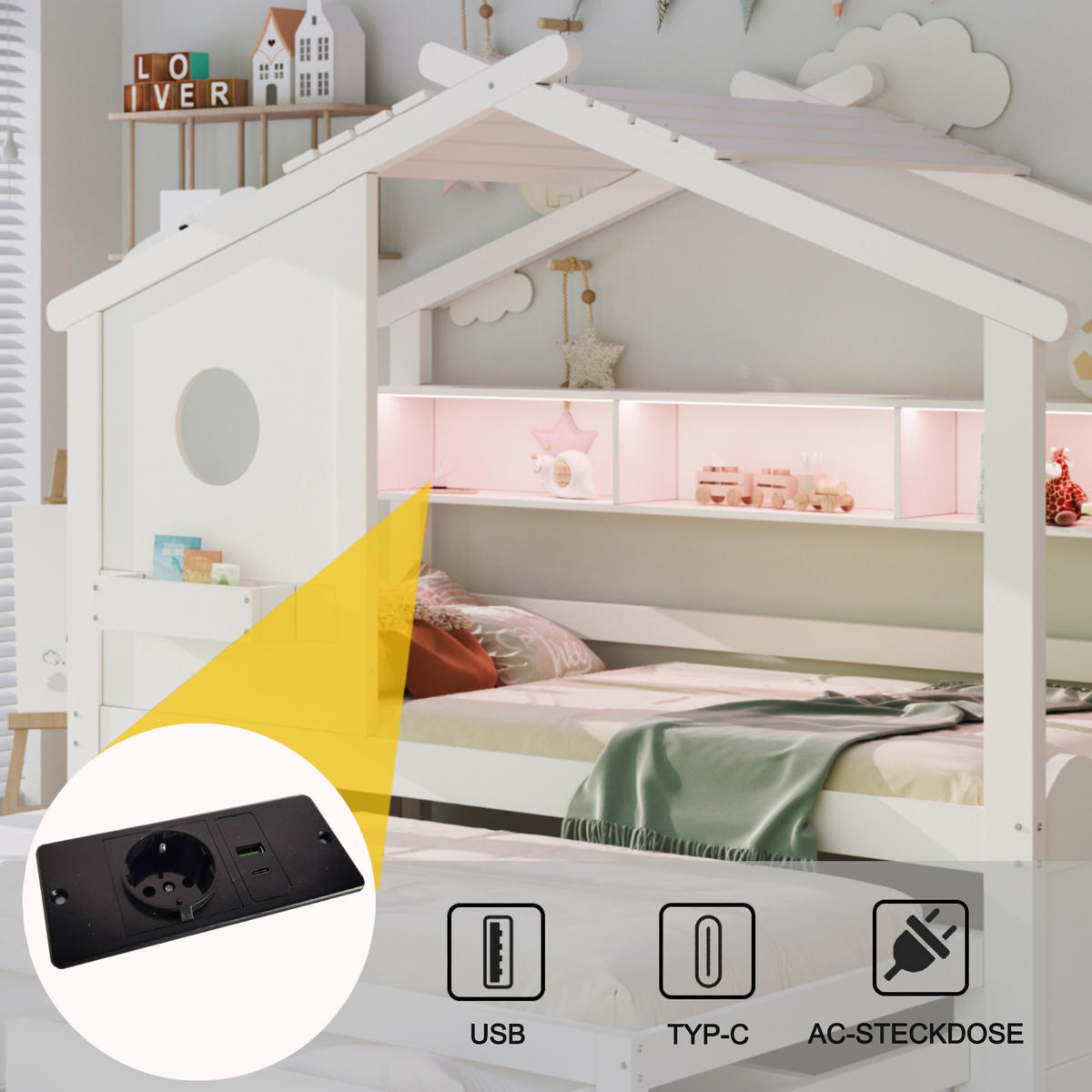 KINDERBETT 90x200 cm Rollbett LED weiß - Weiß, Holz (90/200cm) - LEBENLANG