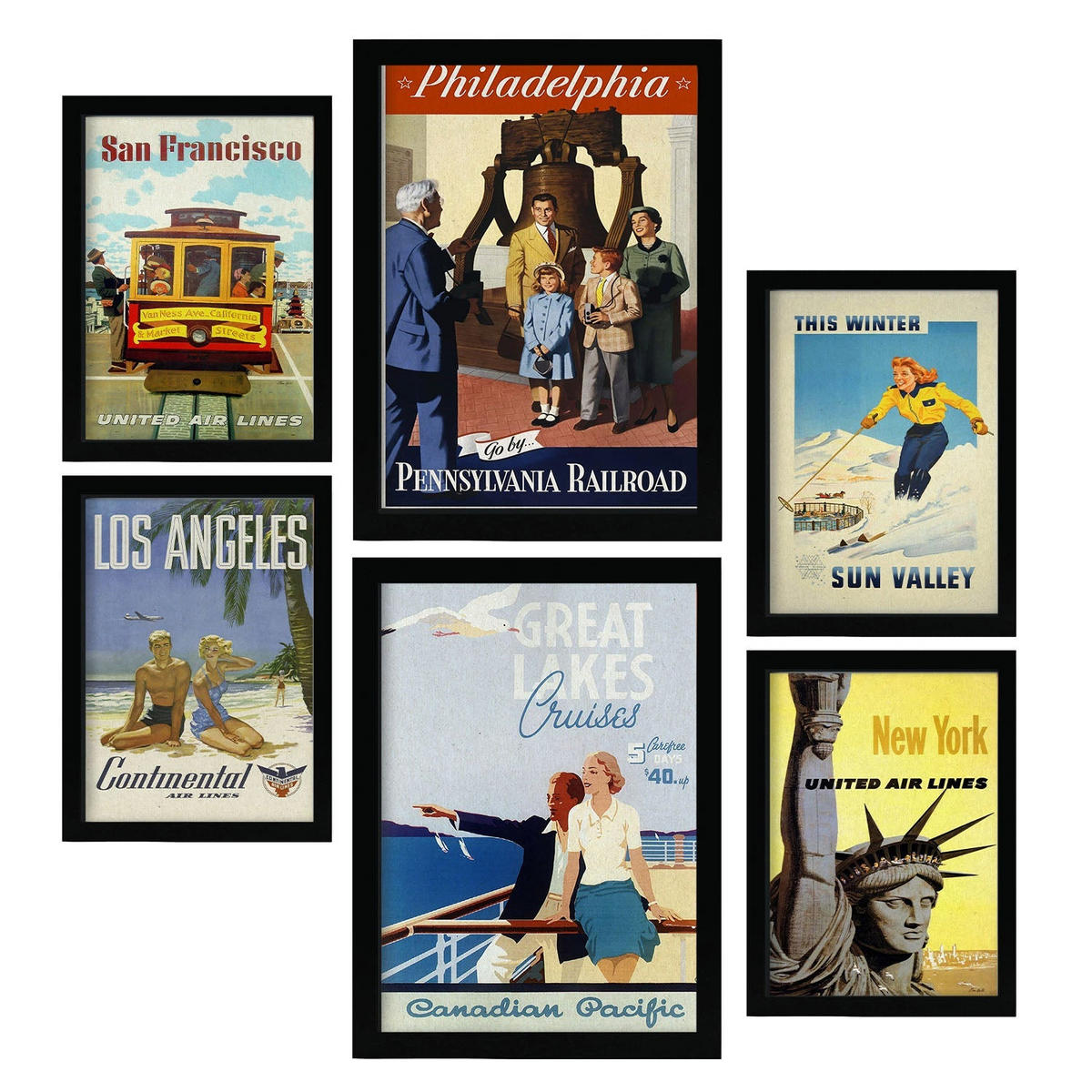 POSTER Set Mit 6 Vereinigte Staaten Vollfarbige Illustrationen Von Vintage Tourismus Werbetafeln Aus Der Ganzen Welt A3 & A4 Schwarzer Rahmen - Schwarz, Papier (29/3cm) - Nacnic