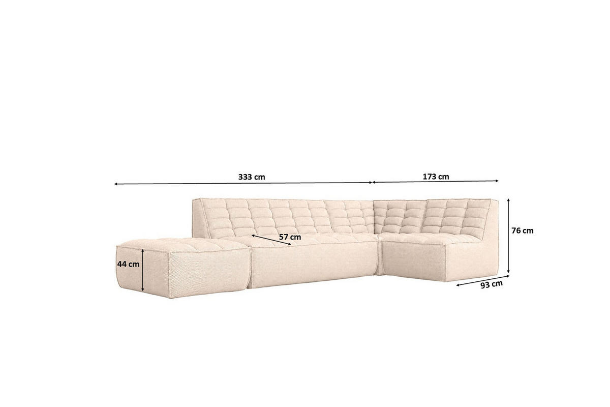 ROHOVÁ SEDAČKA modulární ve tvaru L s taburetem, plyšová tkanina Pop, Krémová, Pravá strana, LAZY L s taburetem - krémová, dřevo (333/173cm) - Kaiser Möbel