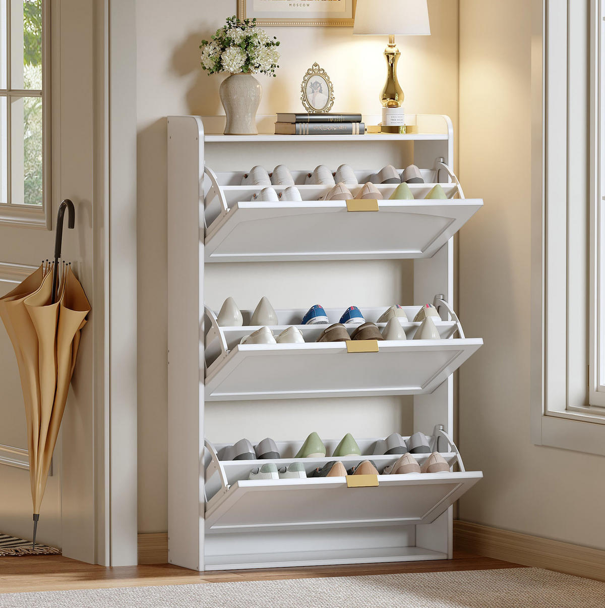 SCHUHSCHRANK 76/23/118 cm in Weiß mit 3 Klappen und Kippsicherung - Weiß, Holzwerkstoff (76/118/23cm) - Flora Grace