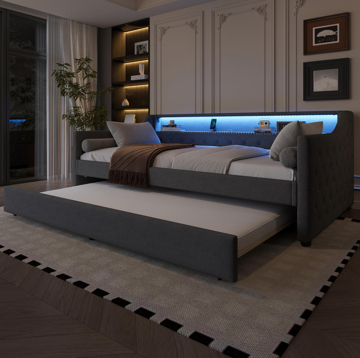 POLSTERBETT mit LED-Beleuchtung 90/200 cm mit Ausziehbett und USB - Grau, Textil (90/200cm) - BEAOK