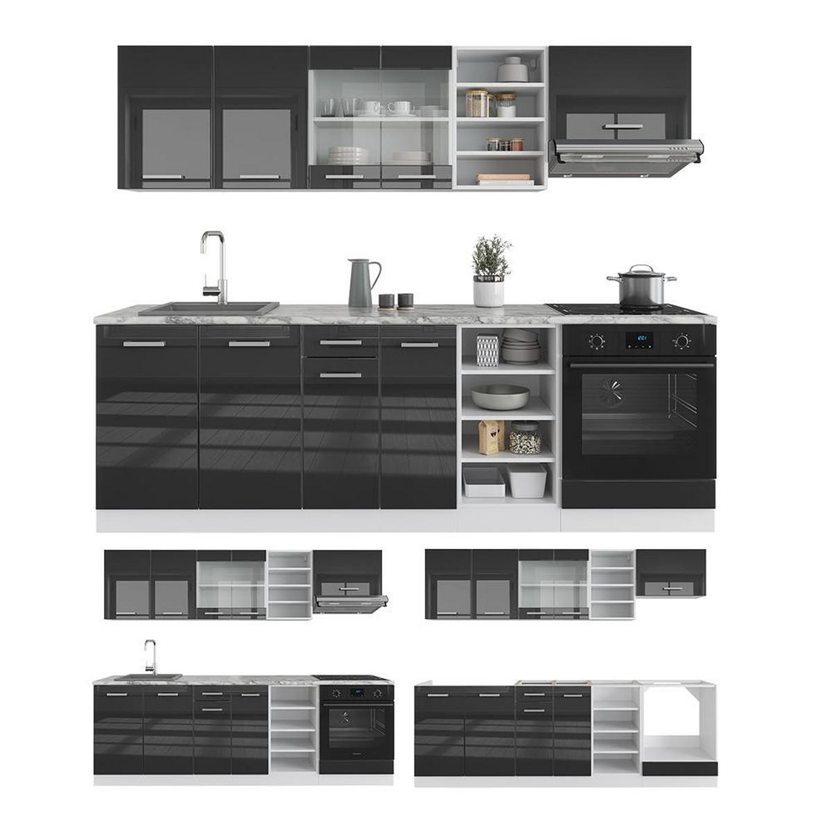 KITCHENETTE R-Line Antracit lucios/alb 240 cm , AP Stejar - alb/negru cu luciu intens, compozit lemnos (240/206.8/60cm) - Vicco
