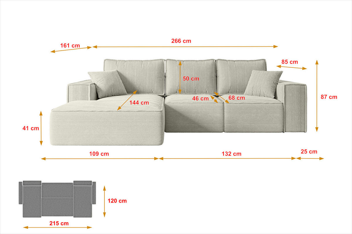 ECKSOFA mit Schlaffunktion und Bettkasten SERRA-L-S - 266x161x87 cm Hellgrau Cord - Hellgrau/Schwarz, Holzwerkstoff/Kunststoff (266/161cm) - ALTDECOR