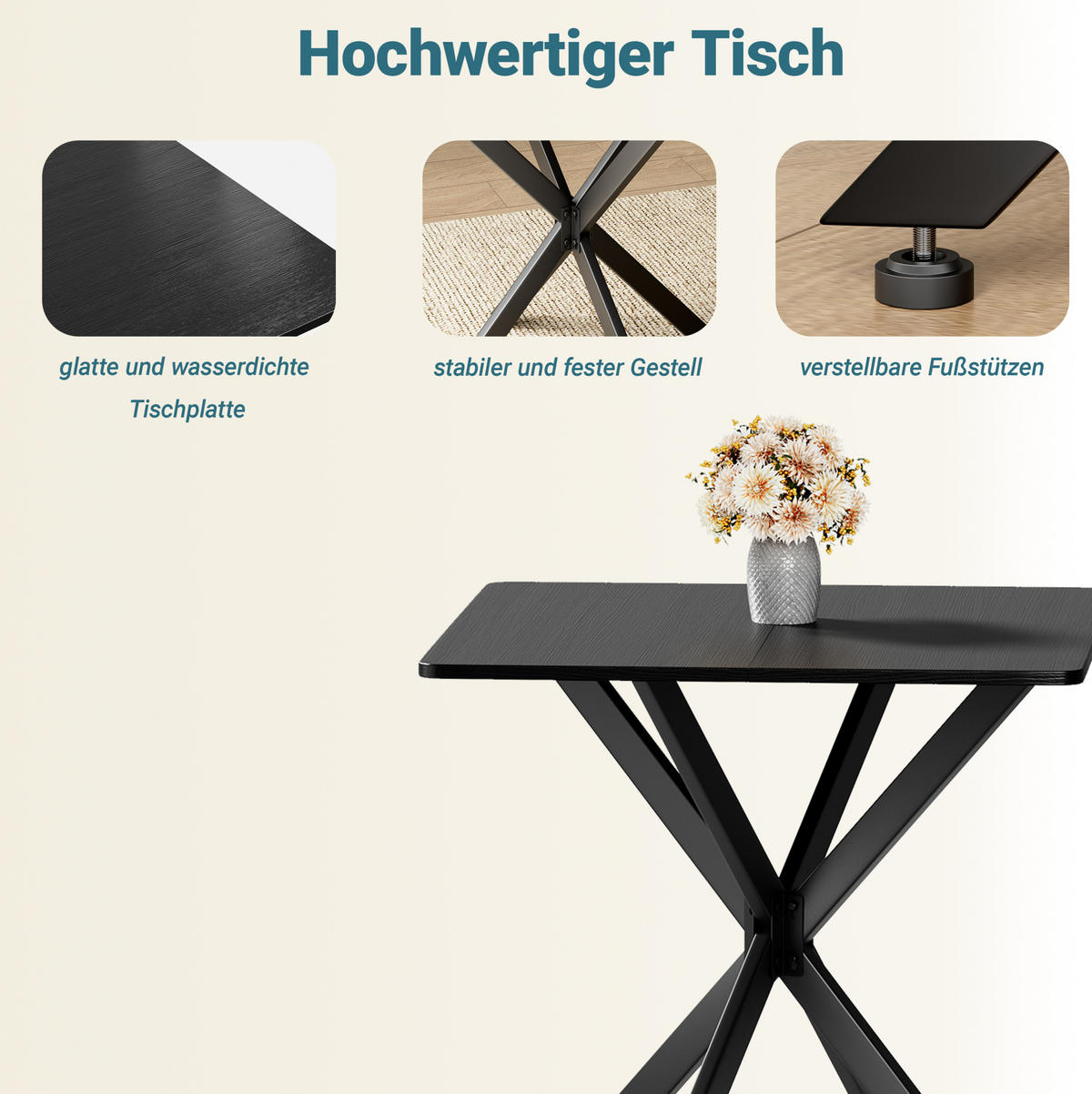 BEISTELLTISCH 80/80/75 cm mit X-Gestell und höhenverstellbaren Füßen, Schwarz - Schwarz, Holzwerkstoff (80/80/75cm) - Redom