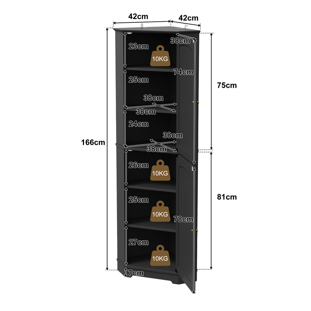 MEHRZWECKSCHRANK DE-38717 42/42/166 cm 2 Türen und verstellbare Böden Schwarz - Schwarz, Holzwerkstoff (42/166/42cm) - ComfortXL