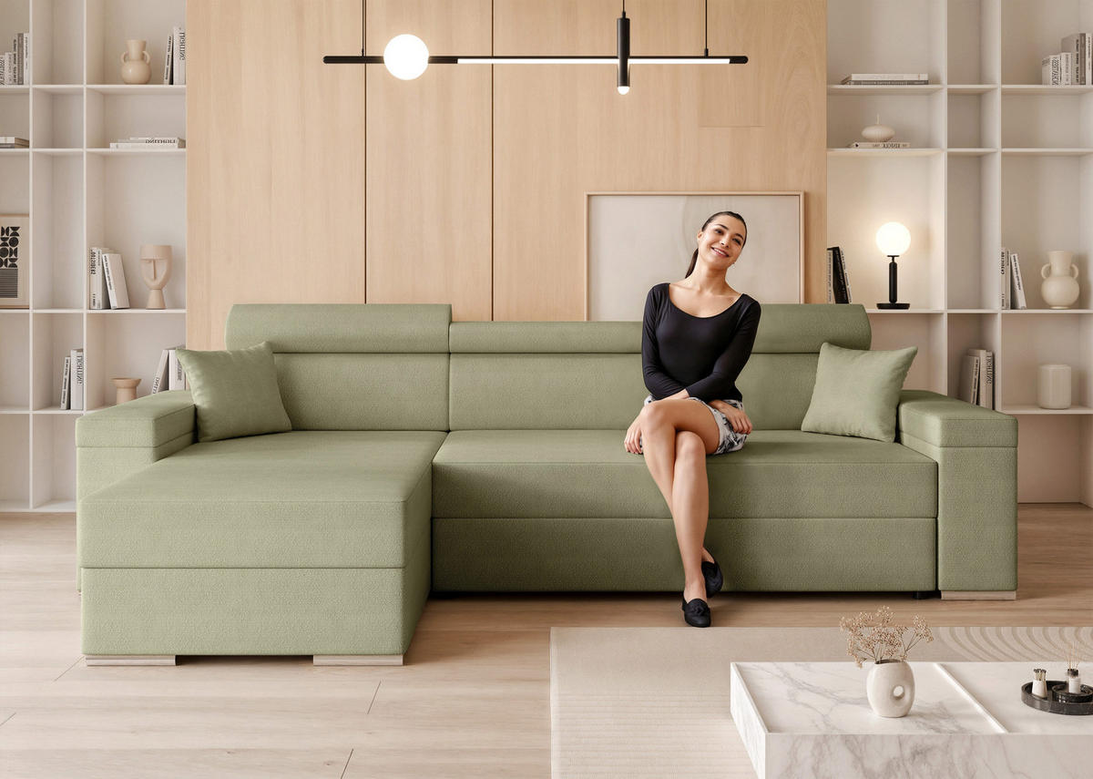 ECKSOFA AISHA mit Schlaffunktion und Bettkasten Grün - Grün, Holzwerkstoff/Kunststoff (250/90cm) - Idohome