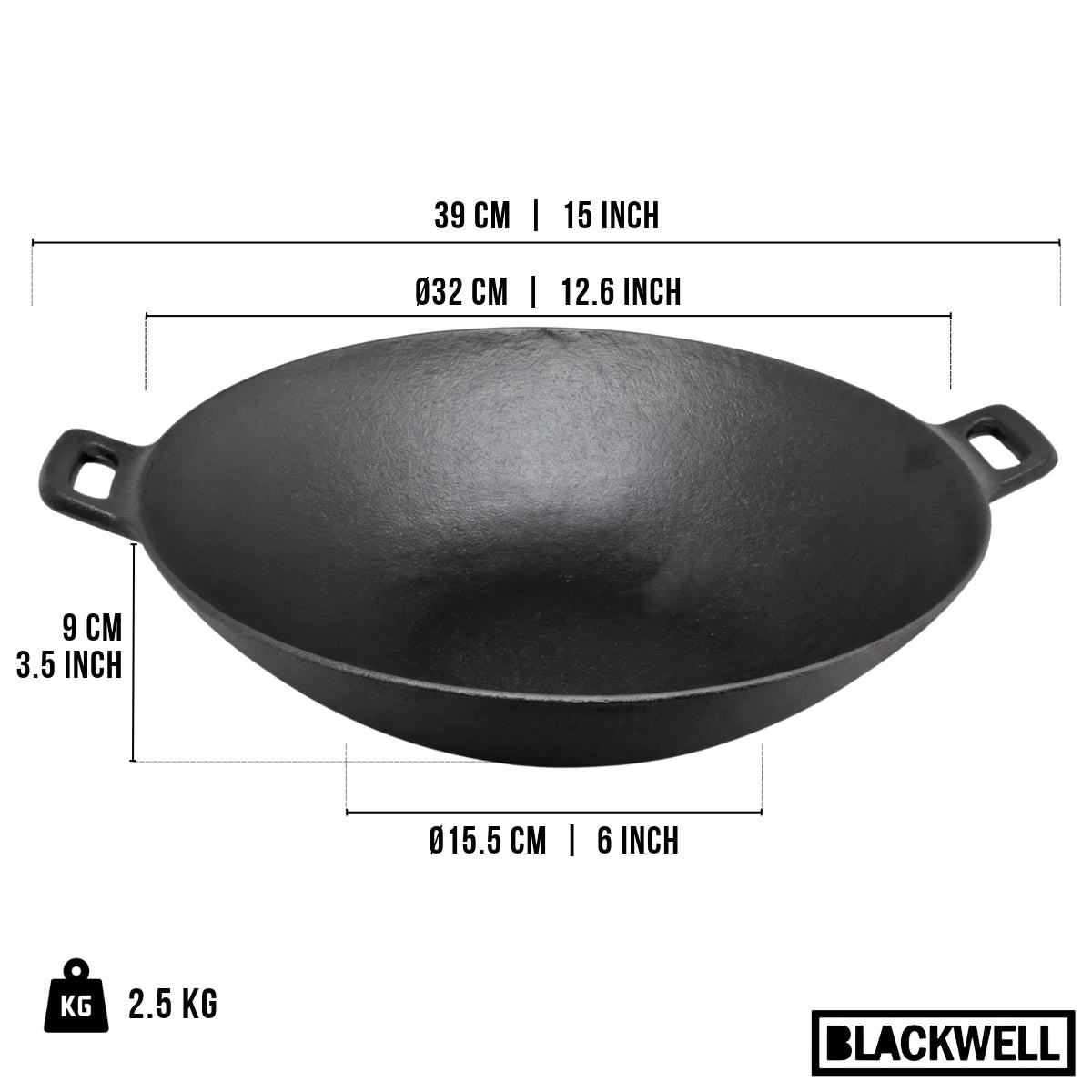 WOKPFANNE Gusseisen Ø 32 cm / 3.3 Liter – ohne Antihaftbeschichtung – geeignet für alle Wärmequellen - Schwarz, Keramik (32cm) - Blackwell