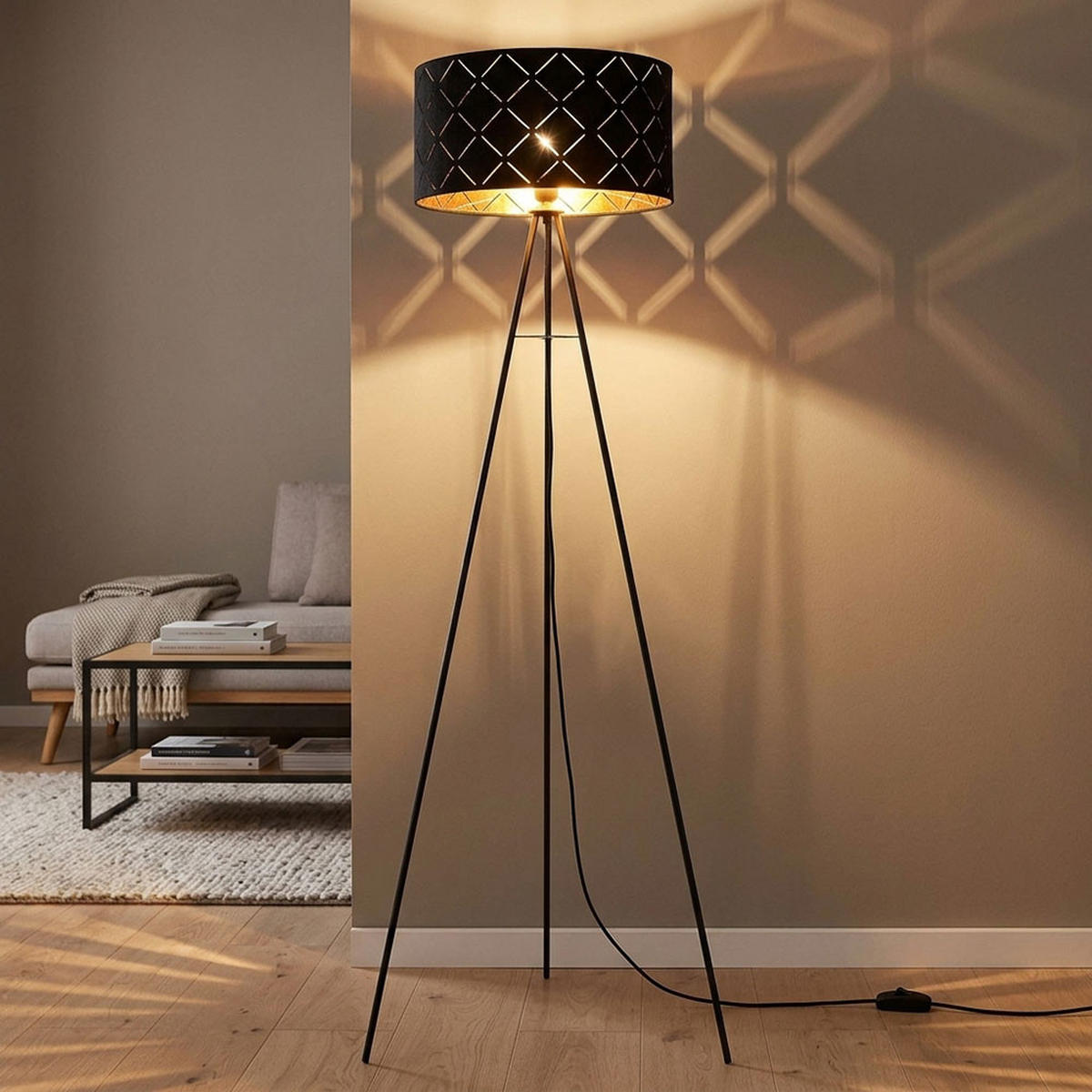 LED STEHLEUCHTE SUNNA Schwarz Textil Metall - Schwarz, Metall (69/69/149cm) - Globo Lighting