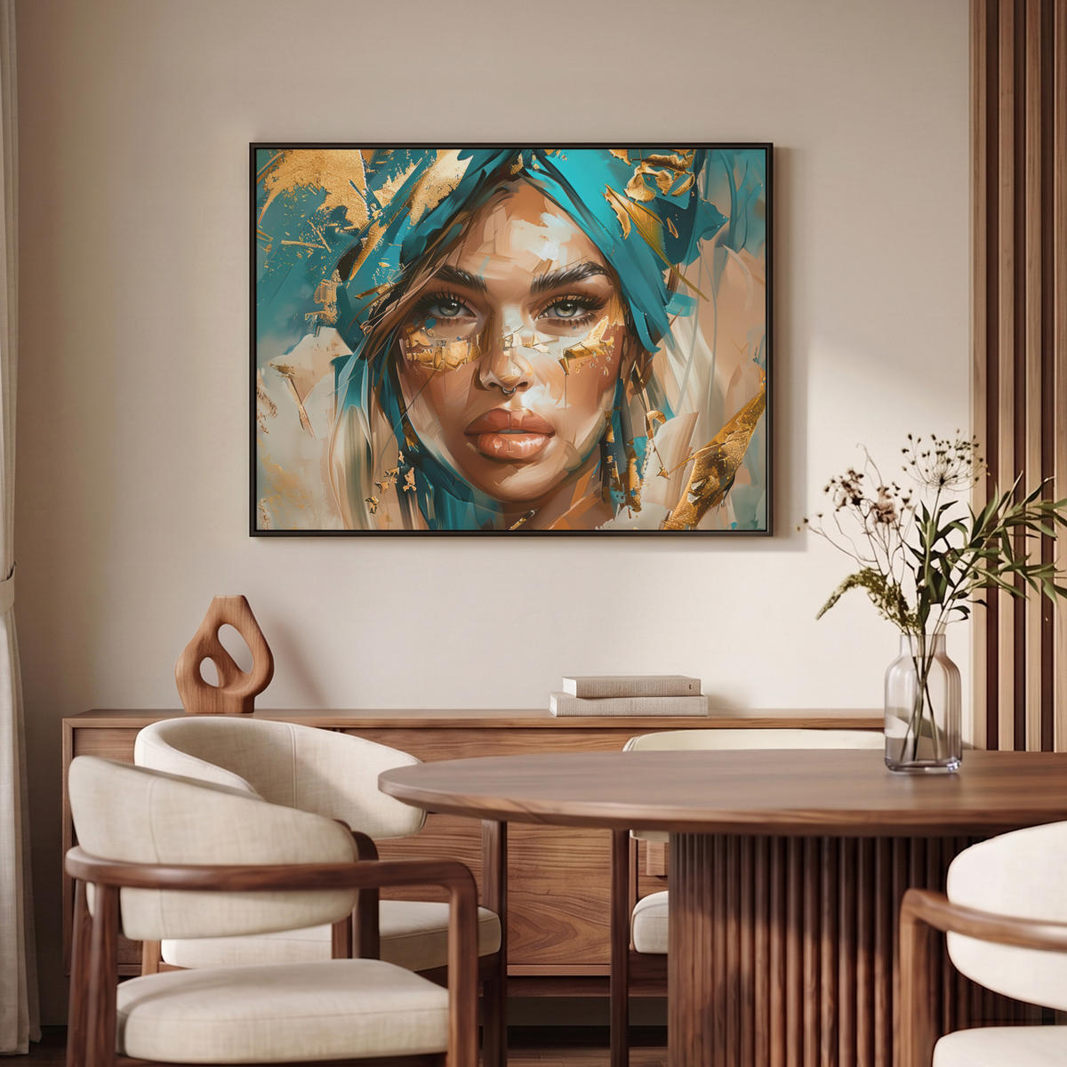 LEINWAND Bilder mit Rahmen - Frau - Porträt - Gold - Luxus - Blau - 100x70 - Türkis, Textil (100/70cm) - MuchoWow