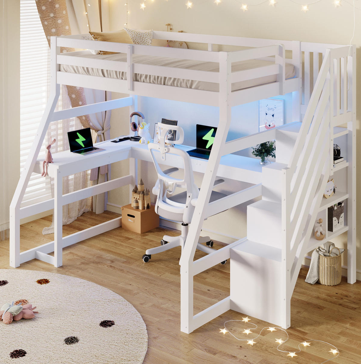 HOCHBETT 90/200 cm aus Kiefer und MDF mit Schreibtisch LED-Beleuchtung und Stauraumtreppe Weiß - Weiß, Holzwerkstoff (90/200cm) - Modenvie