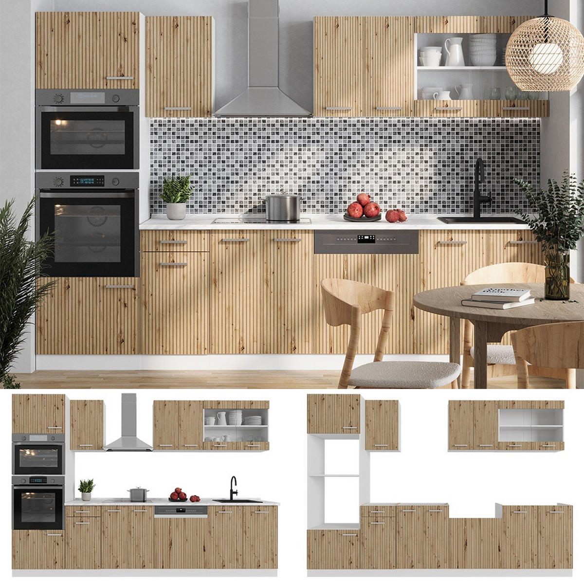 KÜCHENZEILE R-Line Artisan-Eiche 300 cm mit Hochschrank, ohne Arbeitsplatte - Eiche Artisan/Weiß, Holzwerkstoff (300/206.8/46cm) - Vicco