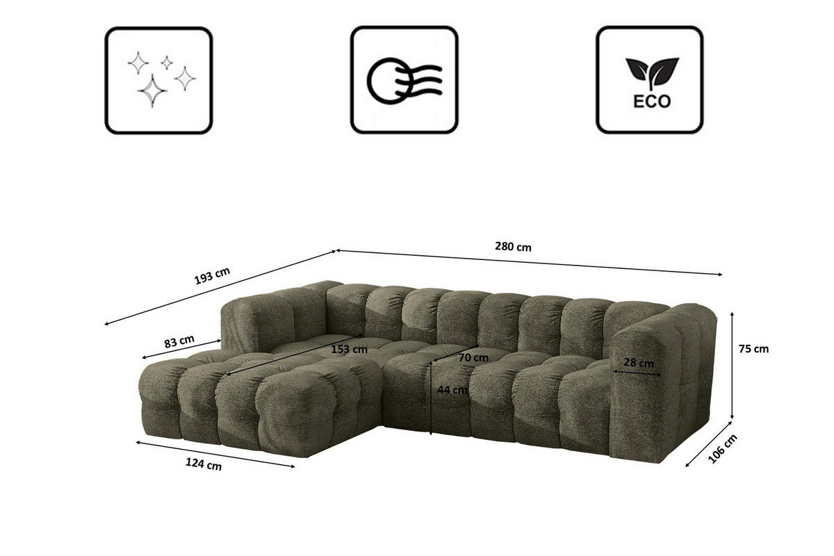 ECKSOFA L-form BALOO L, Chenille-Stoff Arena, Grün, Links - Grün, Holz (280/193cm) - Kaiser Möbel