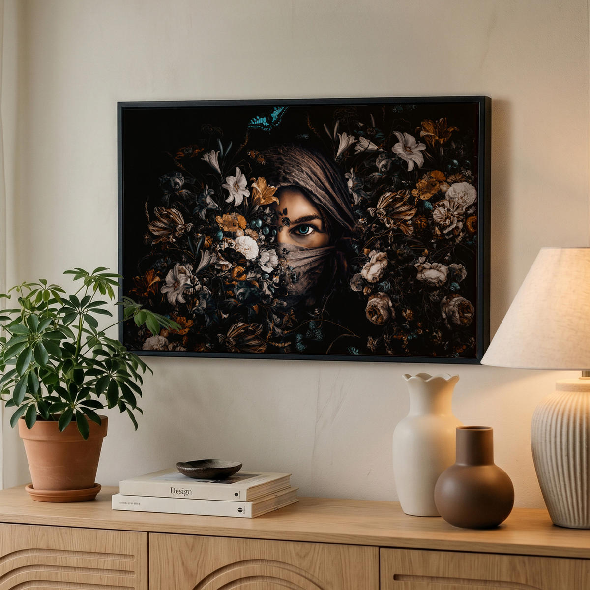 LEINWAND Bilder mit Rahmen - Frau - Luxus - Blumen - Schmetterling - Porträt - 60x40 - Schwarz, Textil (60/40cm) - MuchoWow