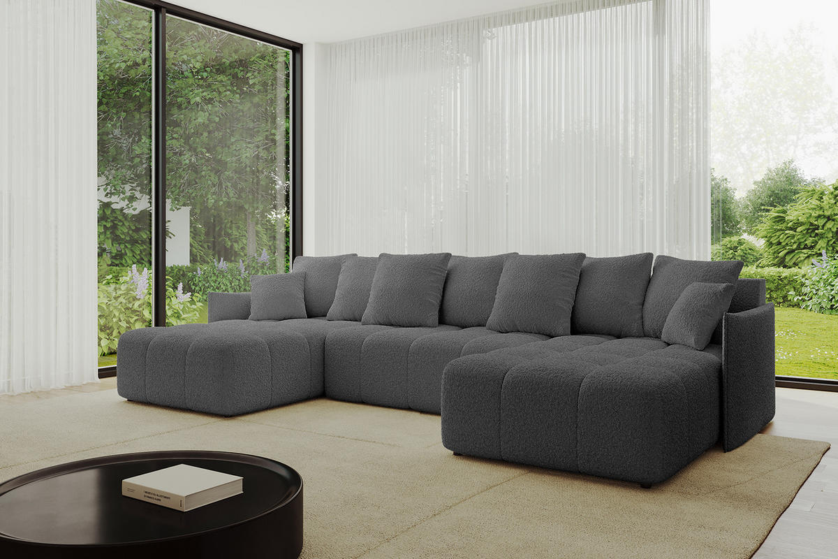 WOHNLANDSCHAFT LONLI-U 355x189x68 Grau Bouclé - Platinfarben, Holzwerkstoff/Kunststoff (355/68/189cm) - ALTDECOR
