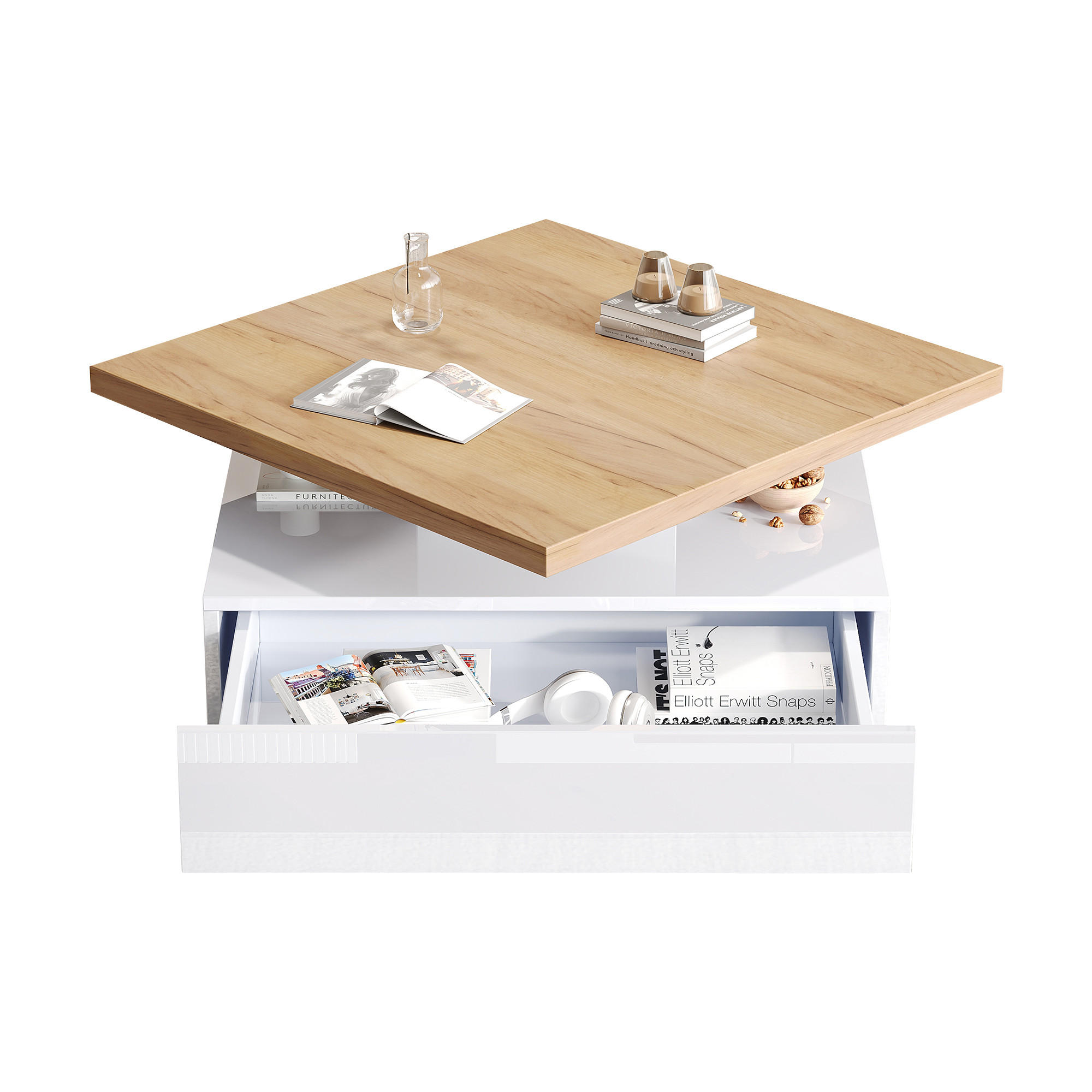 COUCHTISCH 360° drehbares Design mit Stauraum Walnuss/Weiß Hochglanz robuster Spanplatte versteckte Schublade - Walnussfarben/Weiß, Holzwerkstoff (70/70/36cm) - EVRYAE