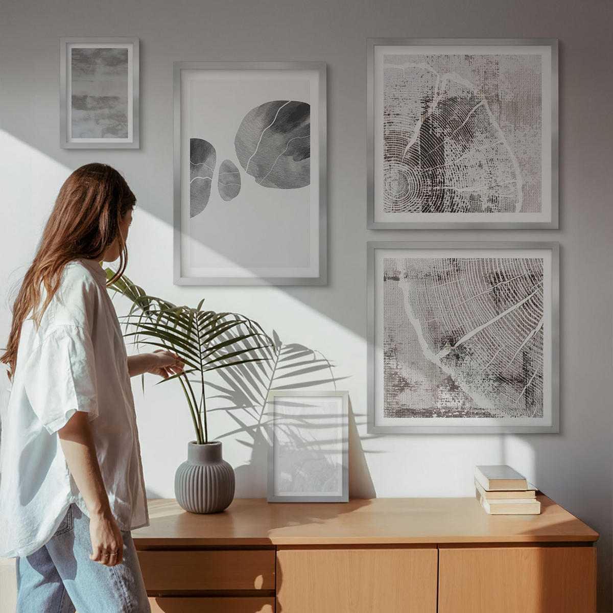 WANDBILDER 5er Set - 50x50 cm & 20x30 cm & 40x60 cm Silberner Rahmen - Abstrakte moderne Formen - Silberfarben, Kunststoff (40/60cm) - ArtPrintCave