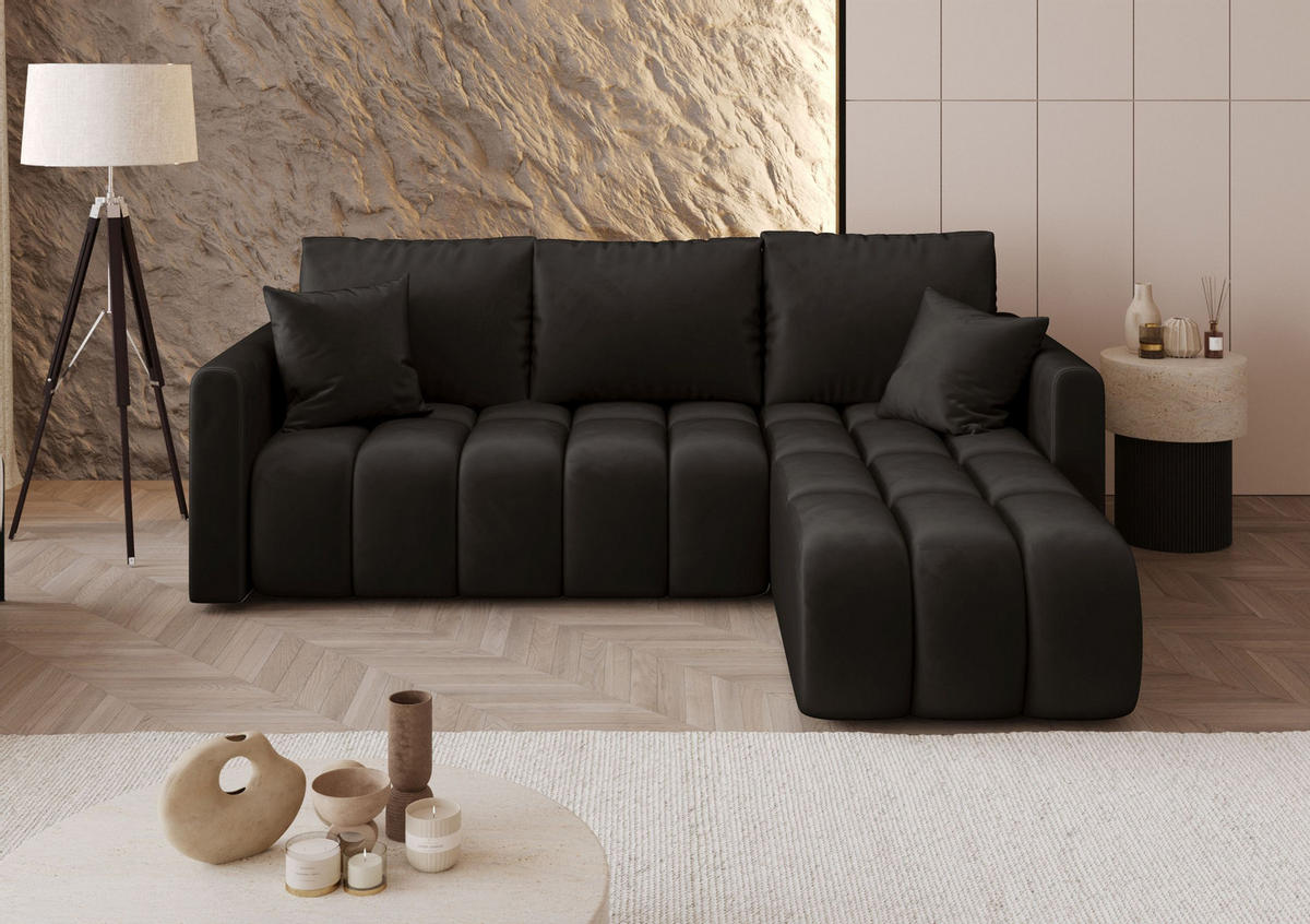 ECKSOFA GARDA rechts schwarz Velours Monolith 97 - Schlaffunktion, Bettkasten - Schwarz, Textil (230/149cm) - Cornero