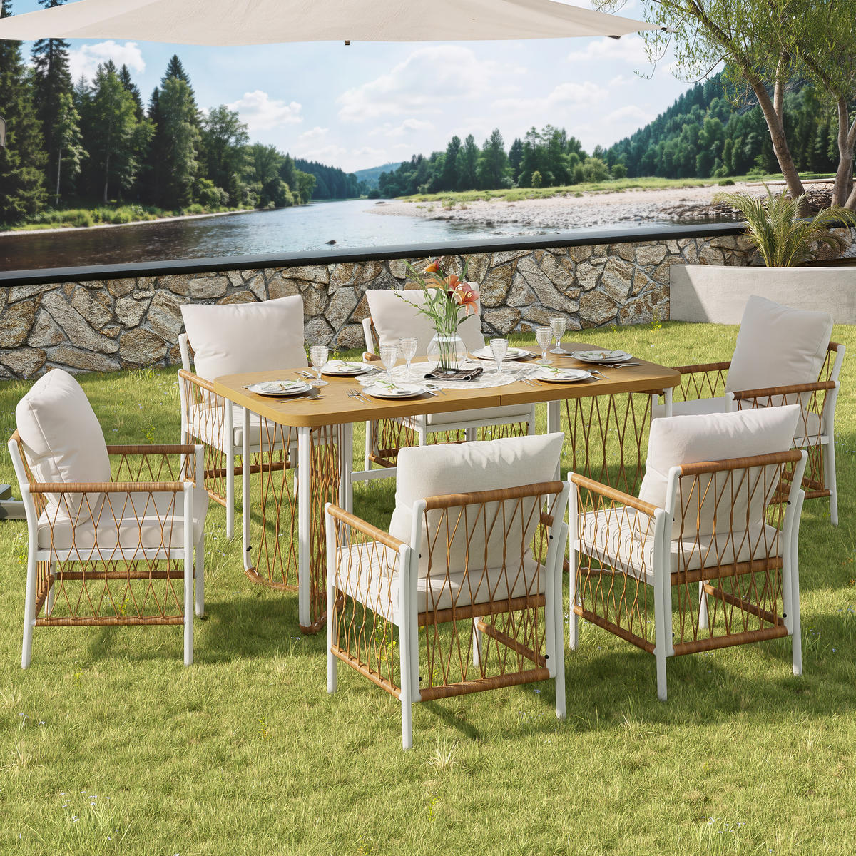 GARTENMÖBEL-SET Modernes 7-tlg. Weiß/Beige - Beige, Metall - ComfortXL
