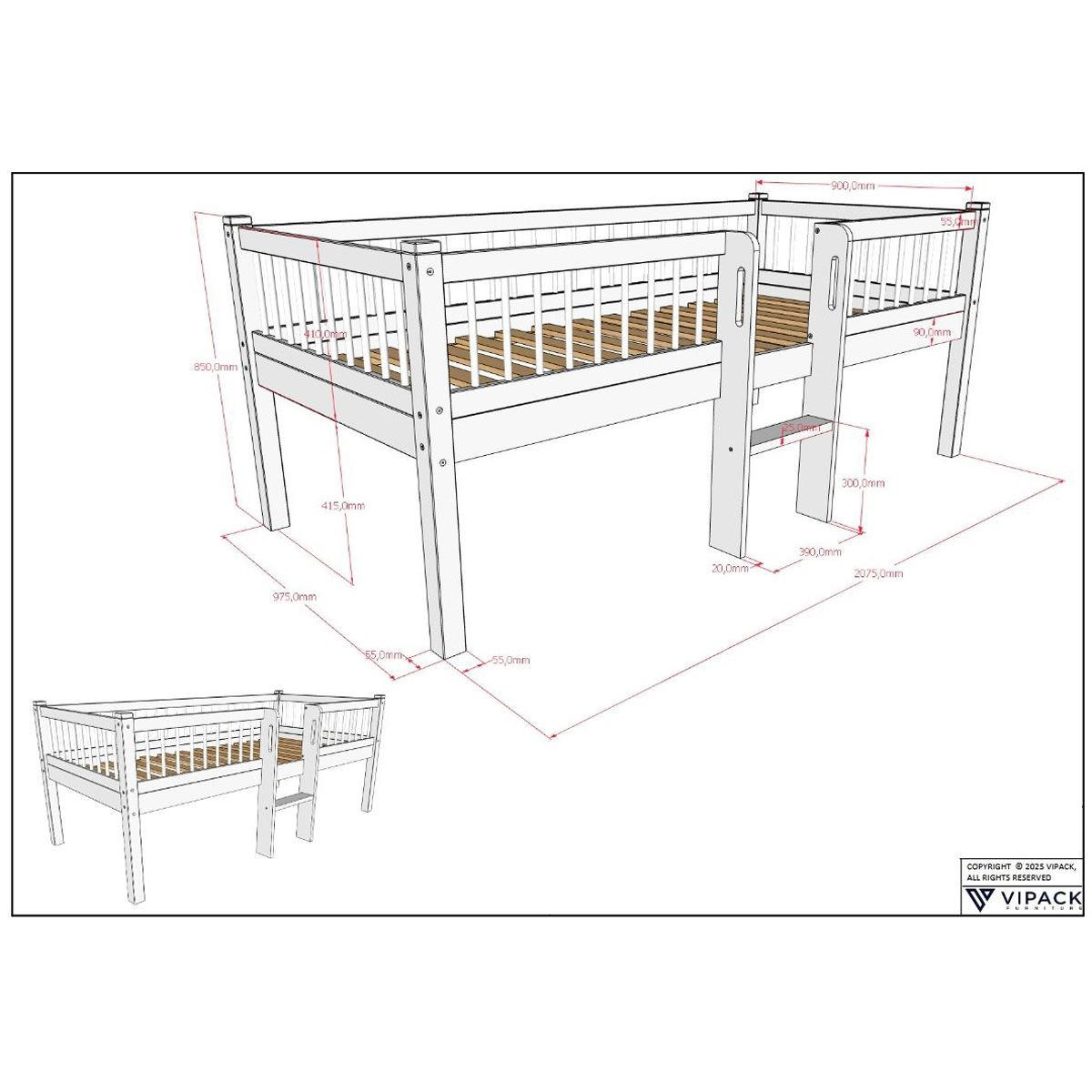 SPIELBETT 90x200 Keeley Eiche Weiß mit Leiter Holz - Weiß, Holz (90/200cm) - 58aufmkessel