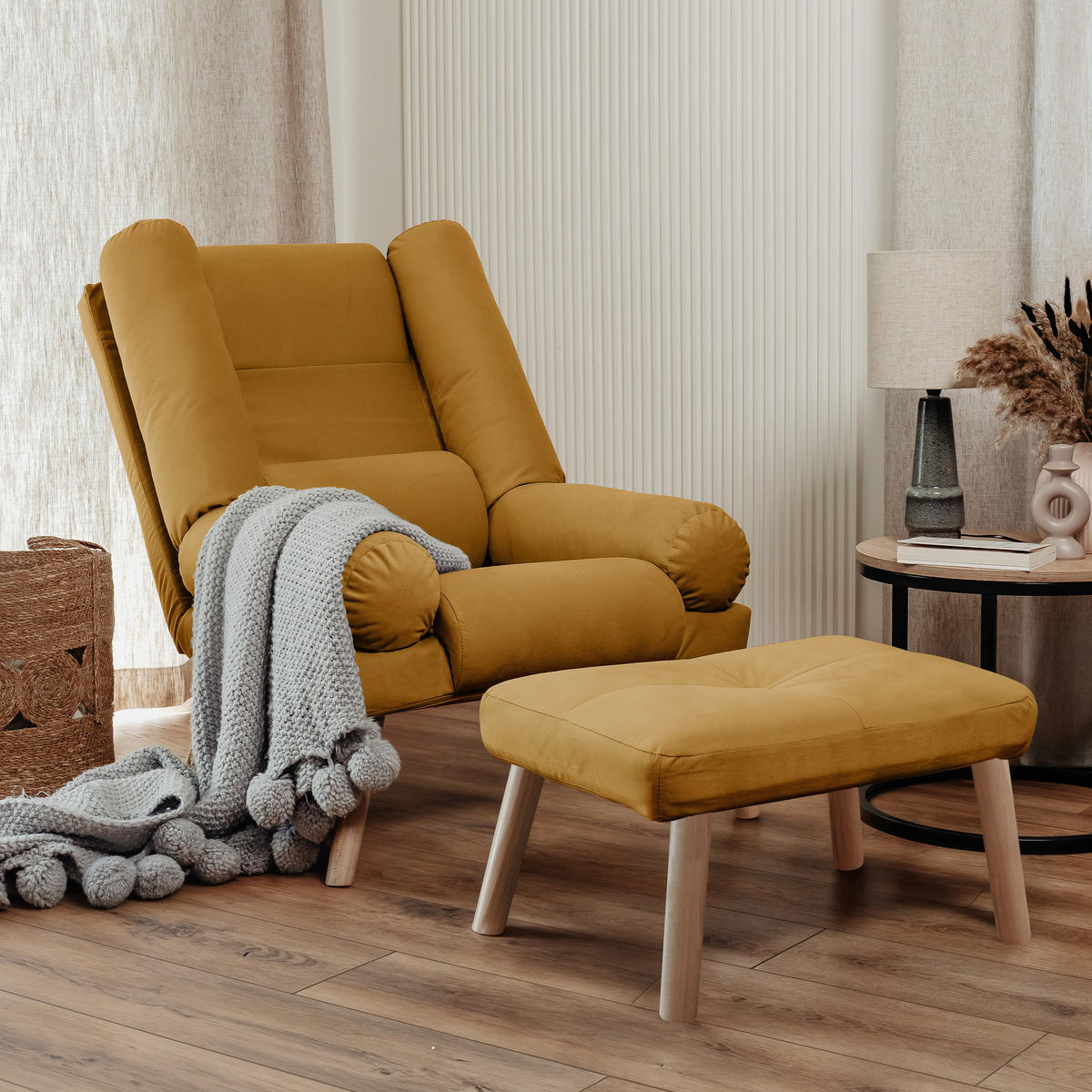 RELAXSESSEL LILA mit hocker, 75/75/100 cm, Senfgelb - Dunkelgelb, Holz/Textil (75/100/75cm) - Idohome