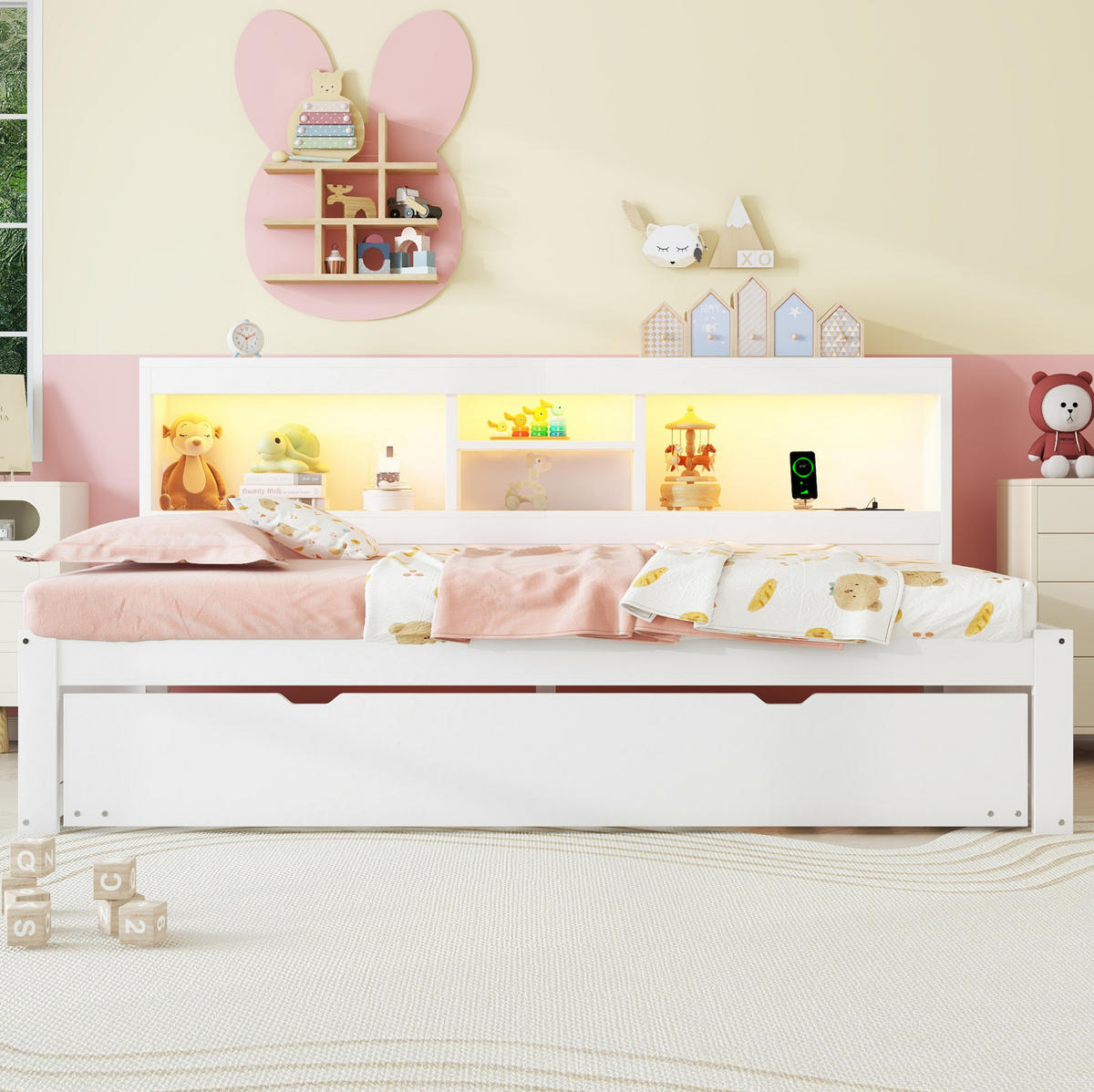 POLSTERBETT aus Spanplatte und MDF 90x200 cm in Weiß mit LED, USB & Ausziehbett - Weiß, Holzwerkstoff (90/200cm) - Modfu