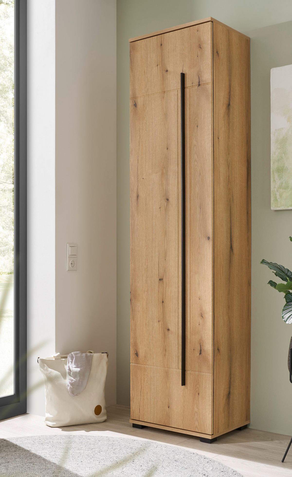 SCHUHSCHRANK Evoke Eiche 50 x 200 cm, Stauraumschrank mit 6 Fächern - Eichefarben/Schwarz, Holzwerkstoff/Kunststoff (50/200/39cm) - Furn.Design